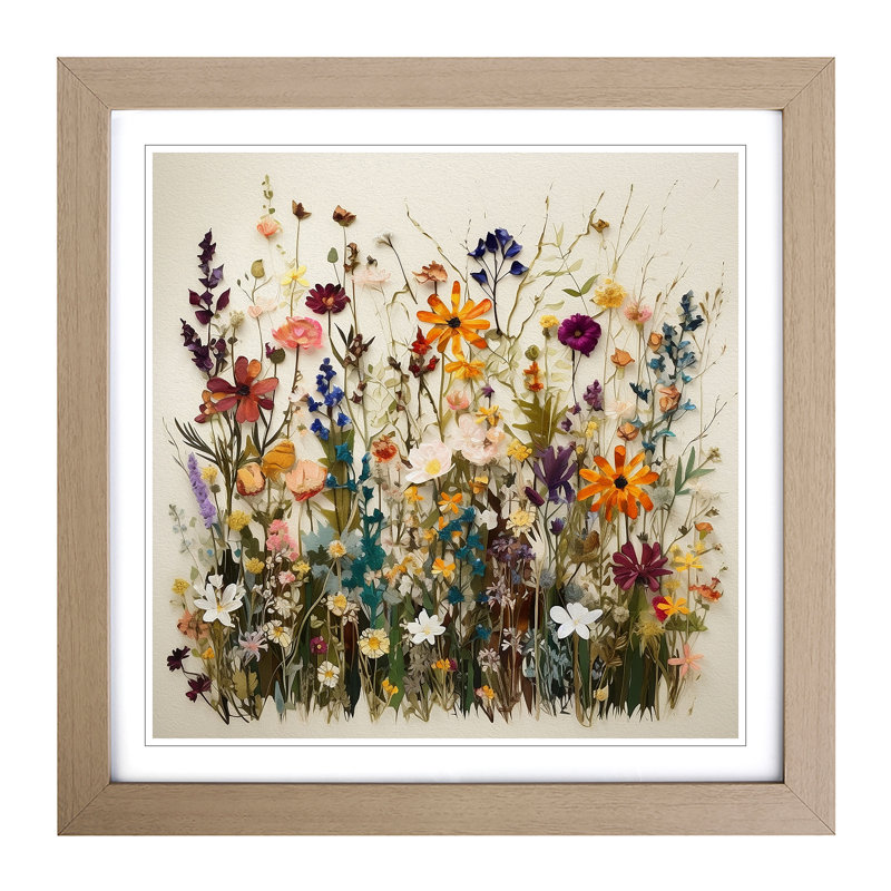 Meadow Floral Art No.1 - Single Picture Frame Print on Wood, Oak