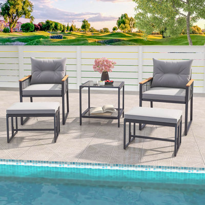 5 Piece Outdoor Conversation Set Rattan Armchairs With 2-Layer Coffee Table
