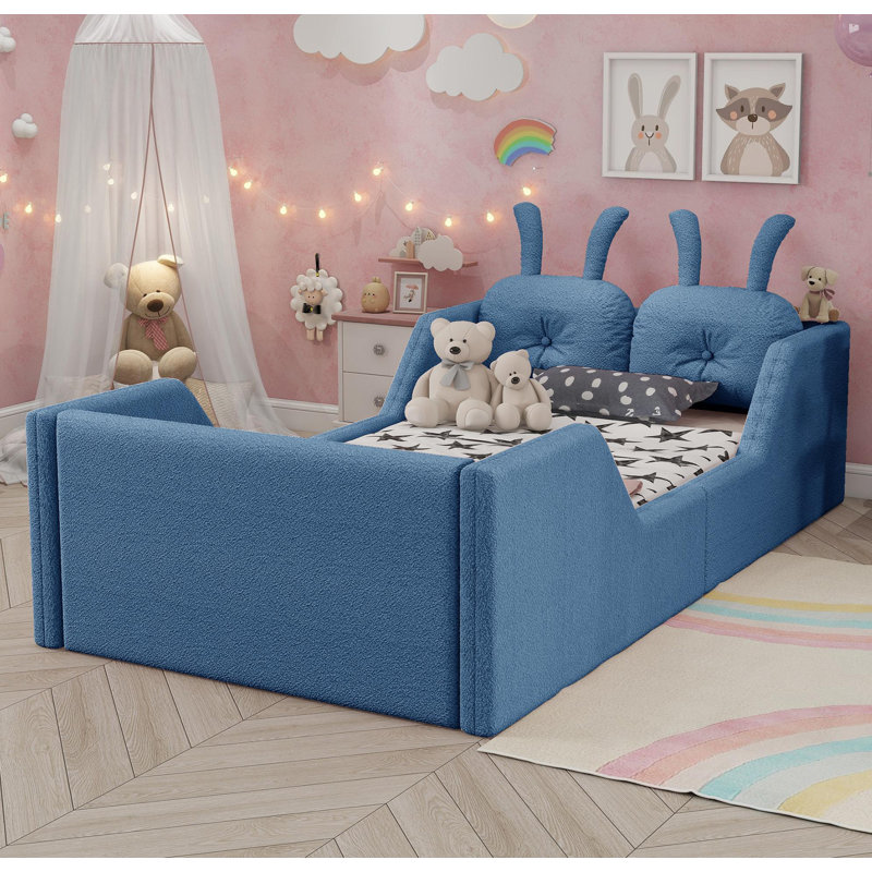Lit plateforme tapissier simple avec coussin en lapin, lit tapissier pour enfants avec rails latéraux amovibles, bleu, Bleu