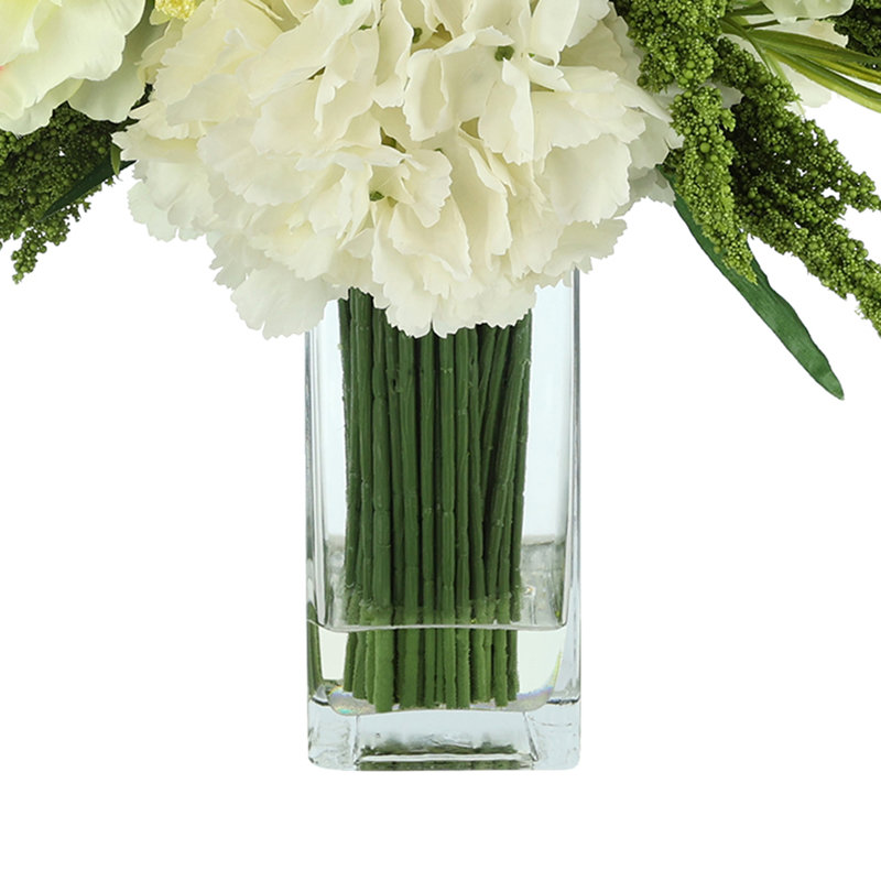 Faux Floral Arrangement with Butterfly Magnolias and Hydrangeas, Cream/Yellow