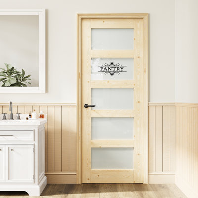 28" x 80" 5-Lite Pine Wood Frosted Glass Door, Privacy Glass Door Slab, Paintable & Waterproof, Suit for Pantry Door
