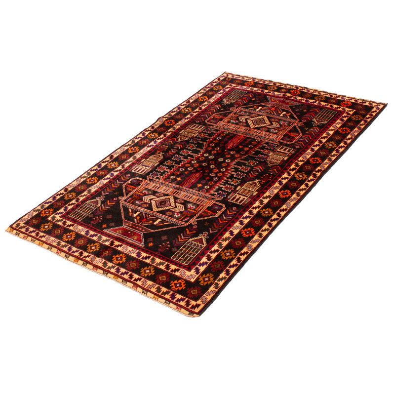 Tapis rectangulaire en laine New Age de conception unique 4 pi 5 po x 7 pi 6 po noir et rouge