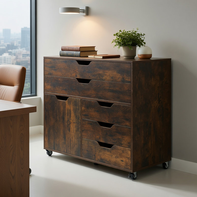 Armoire de rangement moderne à 5 tiroirs avec roulettes verrouillables et porte d'armoire, bureau, bureau à domicile et bureau