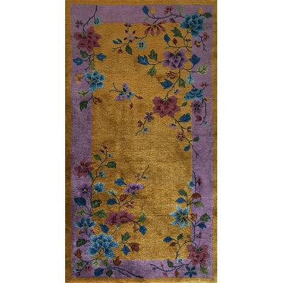 Yellow / Gold Orange Floral Wool Antique 1920s Rectangle Hand Knotted Pile Rug