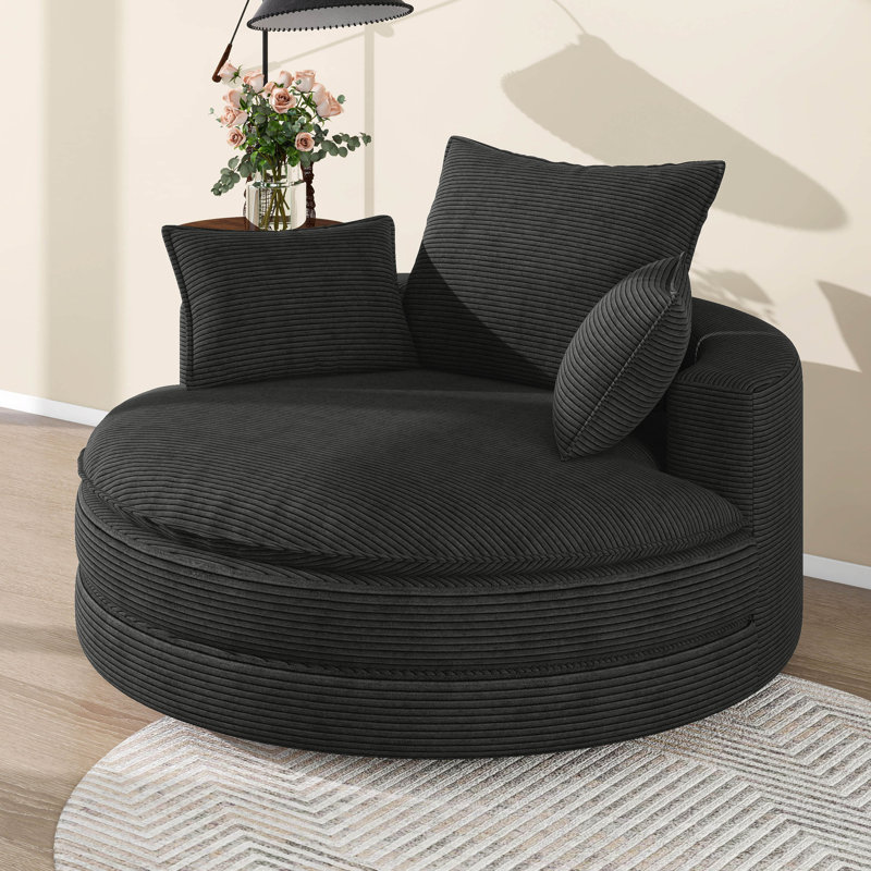 Fauteuil pivotant à 360 °, fauteuil simple d'appoint rond de 57,5 po avec coussins doubles et 3 coussins amovibles, Noir