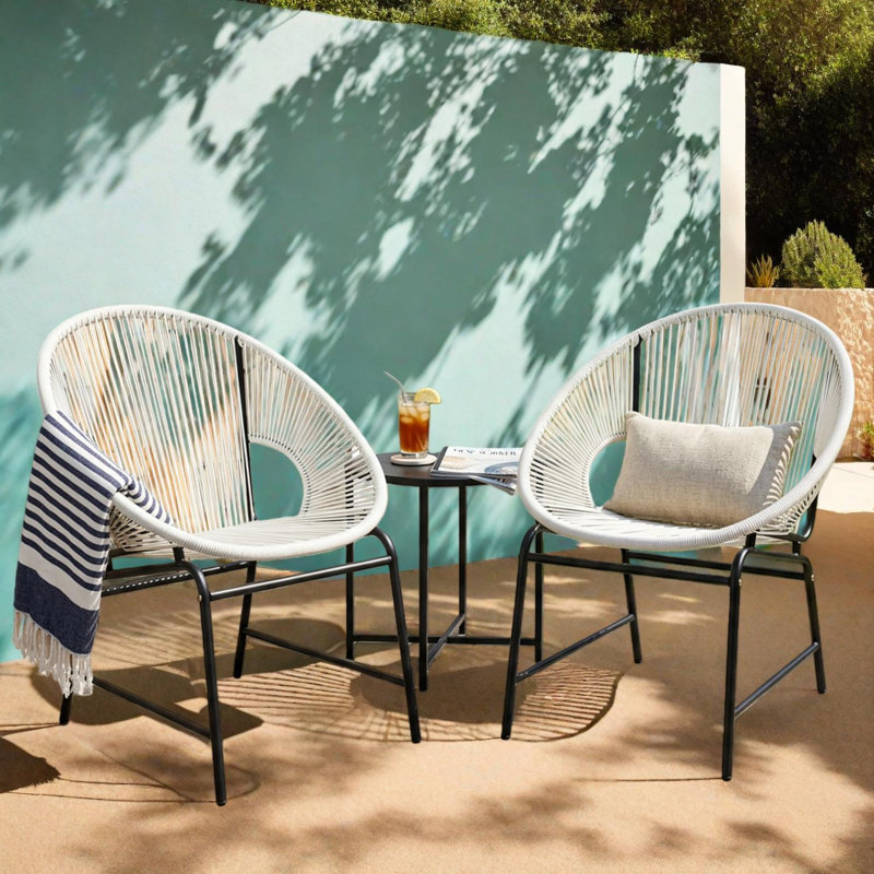Fauteuils d'extérieur en osier avec cadre en fer, ensemble de 2, Blanc