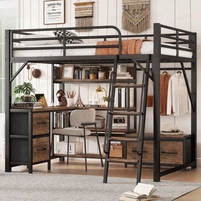 Lit mezzanine double avec bureau et lumière, lit mezzanine en métal avec tablettes de rangement, garde-robe et tiroirs pour garçons filles