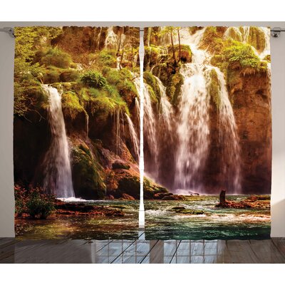 Nature Waterfall Forest Tree Moss Lake Stones Rocks Wonder of the World Image Graphic Print & Text Semi-Sheer Rod Pocket Curtain Panels -  Ambesonne, p_26150_108x84