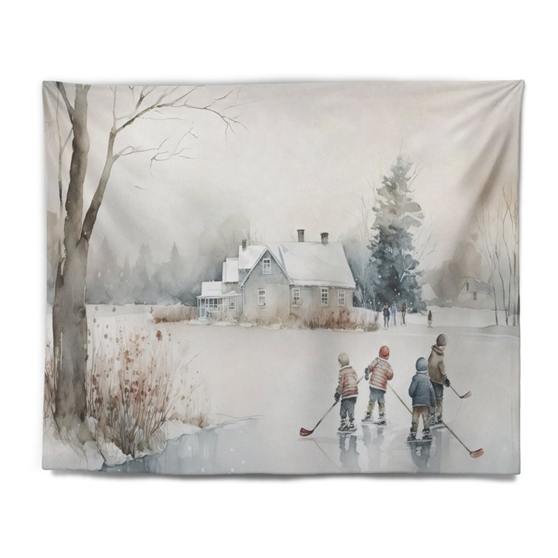 Polyester enfants jouant au hockey en hiver II tapisserie avec punaises, H 32 po x l 39 po