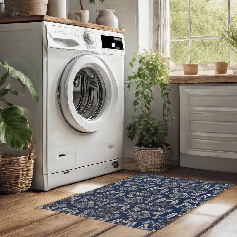 Tapis de lessive léger et antidérapant Zoey, L 49 po x H 6 po, Motif floral marine