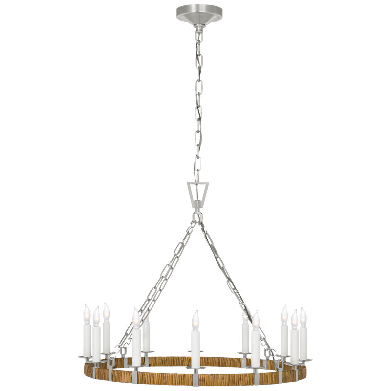 Darlana 12 - Light Wagon Wheel Chandelier, 24.5" H x 30" W x 29" D, Polished Nickel/Natural Rattan
