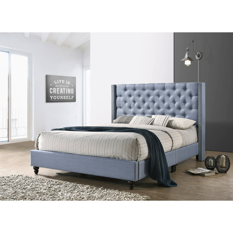 Ashe Upholstered Wingback Bed, Queen, Blue