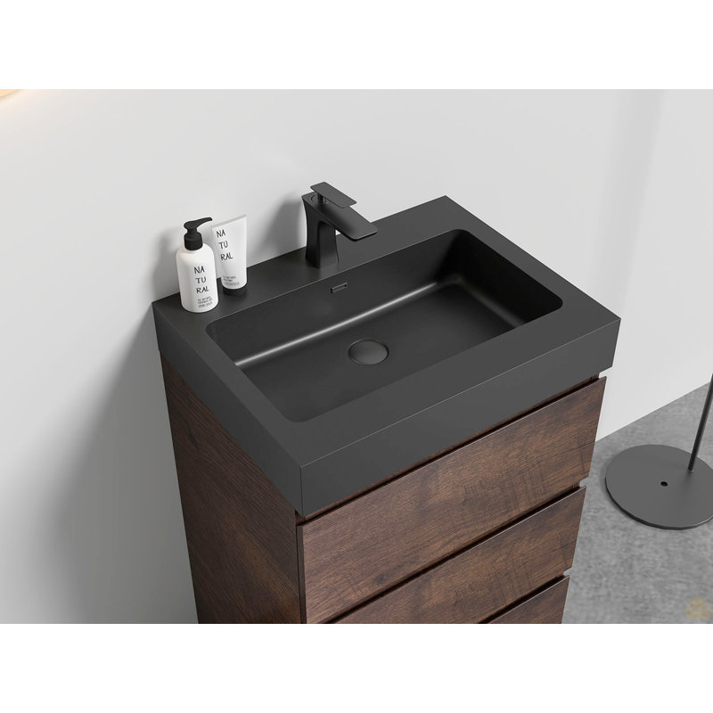 Integrated Engineered Quartz Basin Without Drain, Faucet And Cabinet, Matt Black, Brown, 24"