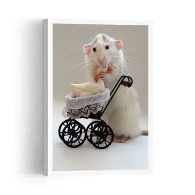 Cute Rat With Stroller Playful Whimsical Contemporary Duck Animal Wall Art Print by Ellen van Deelen - 1 Piece Wrapped Canvas Wall Art