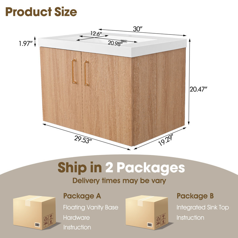 30 Inch Golden Oak Floating Bathroom Vanity With Integrated Sink - Pre-Assembled, 30"