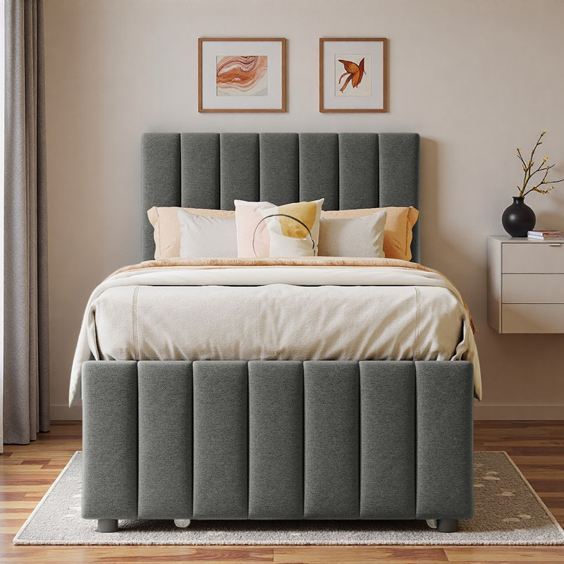 Lit plateforme tapissier avec lit gigogne et 3 tiroirs, Gris