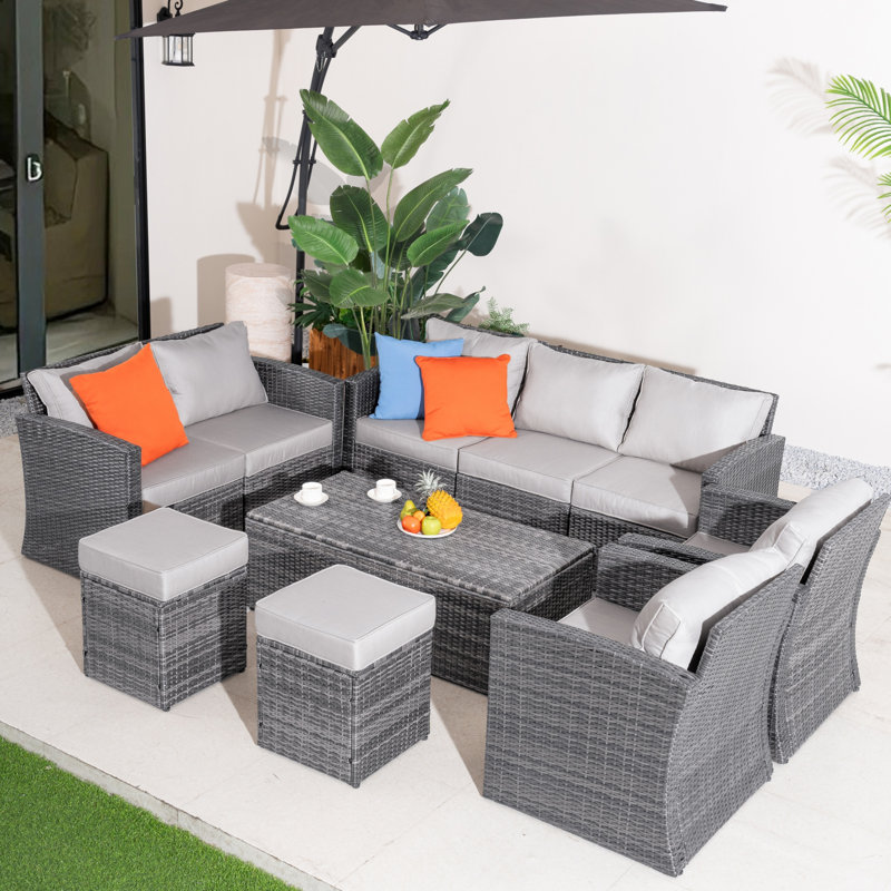 Grey Pe Rattan Modular Garden Sofa Set With Waterproof Storage, Powder-coated Iron Frame