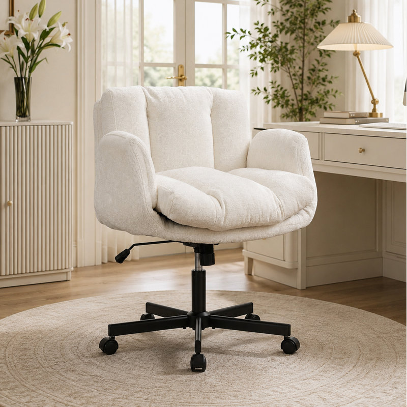 Chaise de bureau décontractée moderne à large siège réglable avec accoudoirs rabattables pour coiffeuse et petits espaces