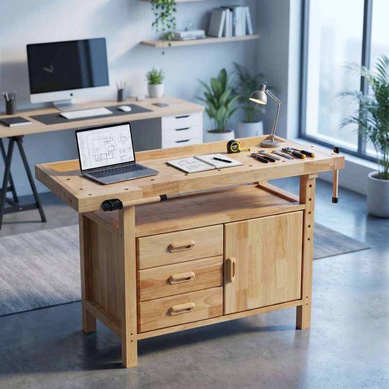 Établi professionnel en bois massif avec tiroirs de rangement et armoire pour garage et atelier
