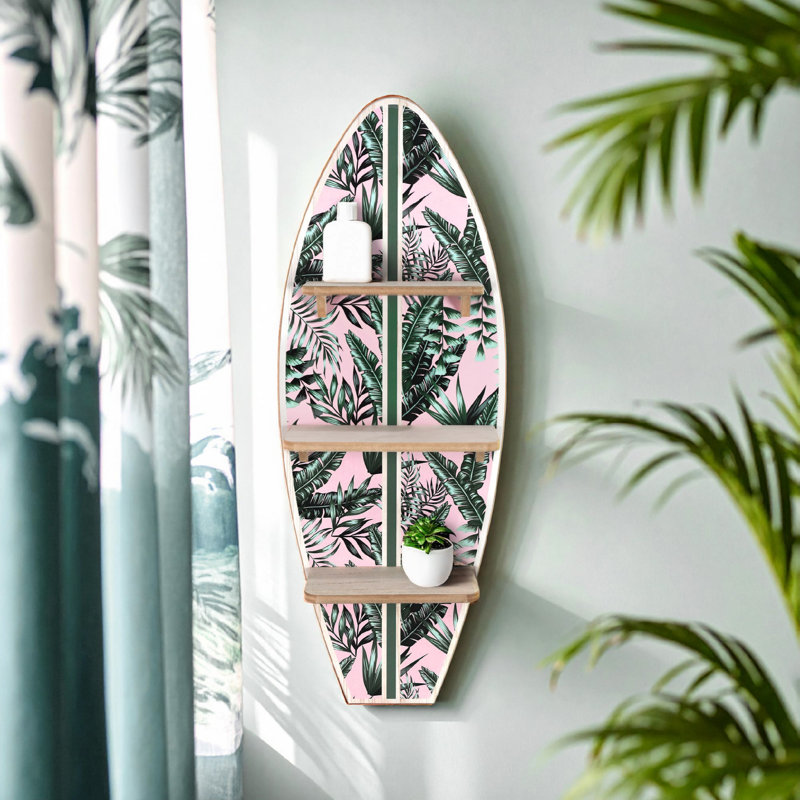 Étagère murale pour planche de surf avec feuilles de palmier tropicales - rose et vert