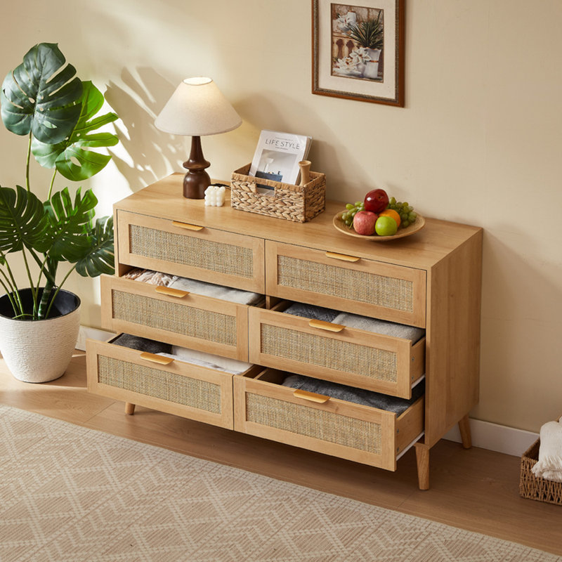 Sumayah Six-drawer Chest Of Drawers With Natural Rattan Doors
