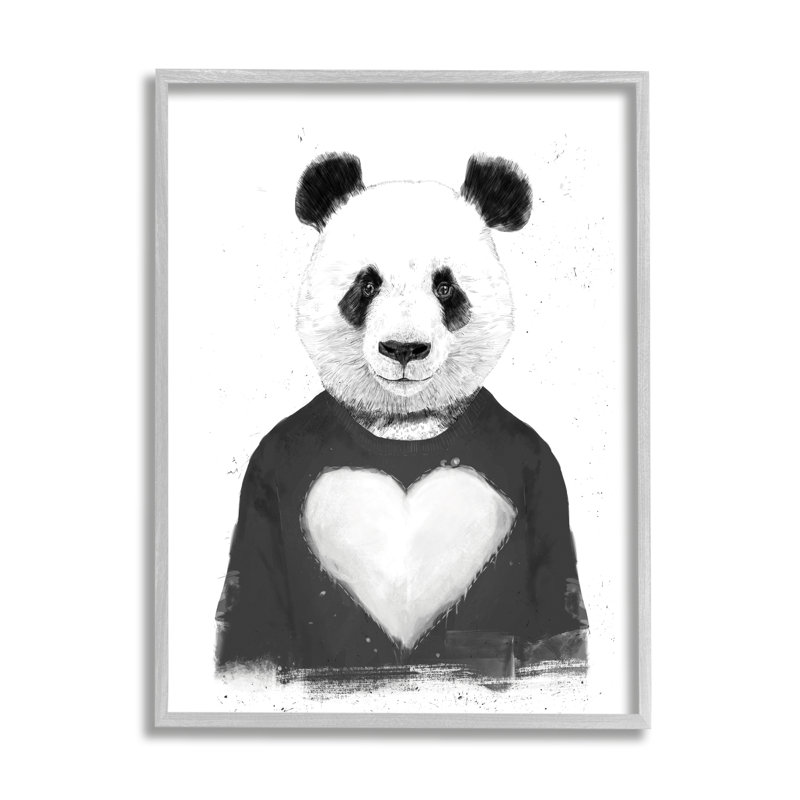 Panda ludique cœur noir et blanc par Balazs Solti, H 30 po x l 24 po x P 1,5 po, Estampe numérique Farmhouse