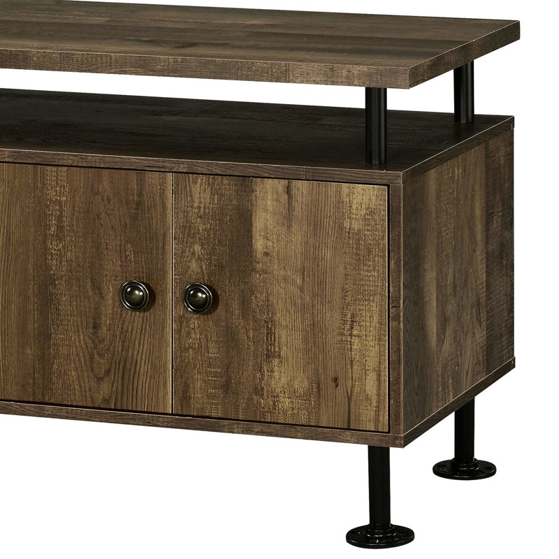 60 - Inch Tv Stand, 4 Open Compartments, Door Storage, Water Pipe Style, Rustic Oak, Black Metal Frame, Cord Management, 69 Tvs Oak And Style Management For Flat Screens