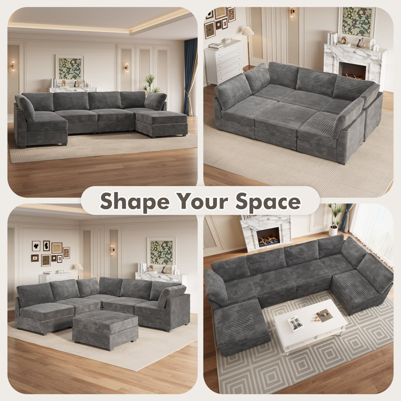 Canapé modulaire en velours côtelé 6 pièces avec repose-pieds, canapé-lit à assise profonde pour salon et chambre à coucher, facile à assembler, canapé rembourré en L doux et moderne