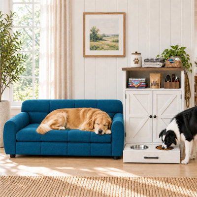Modern Farmhouse 2-Piece Pet Furniture Set: Dog Feeding Station Cabinet with Food Storage and 2 Stainless Bowls + Cozy Pet Sofa