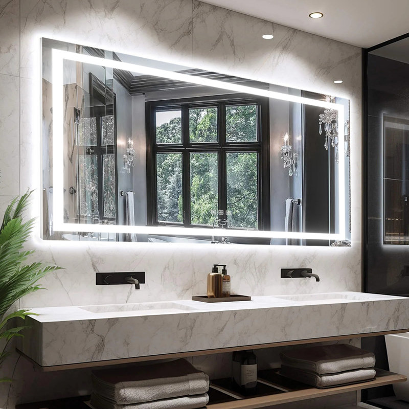 Miroir de salle de bain mural avec cadre lumineux Eleen, 24 po x 48 po