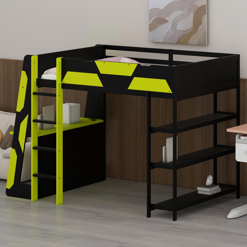 Gaming Loft Bed with Integrated Desk, Storage Shelves & Ambient LED Lighting, Black+Blue