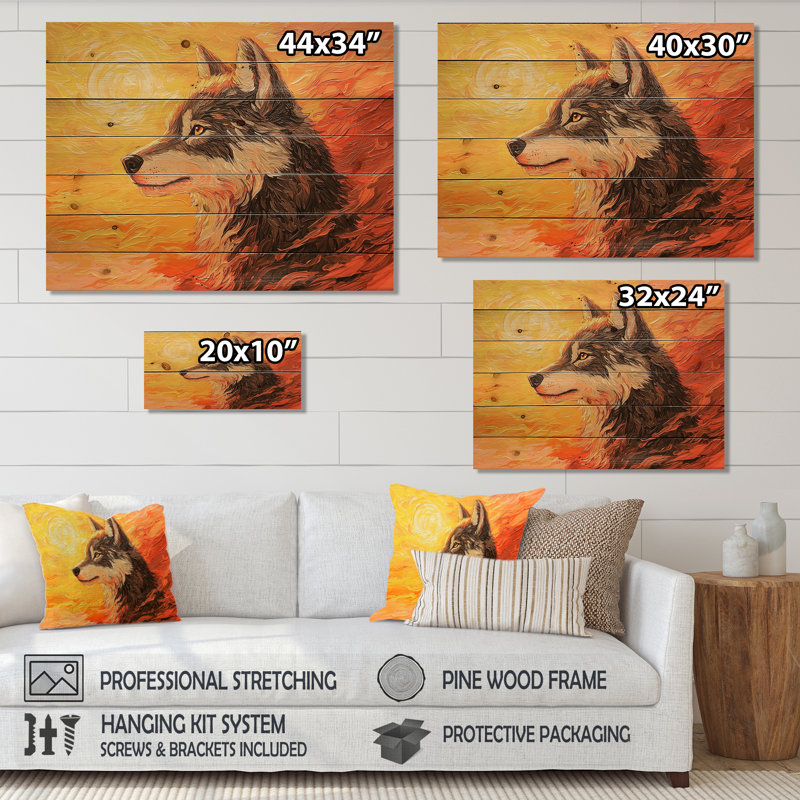 Portrait de loup au coucher du soleil I - Décoration murale moderne en bois sur bois de pin naturel, H 10 po x l 20 po