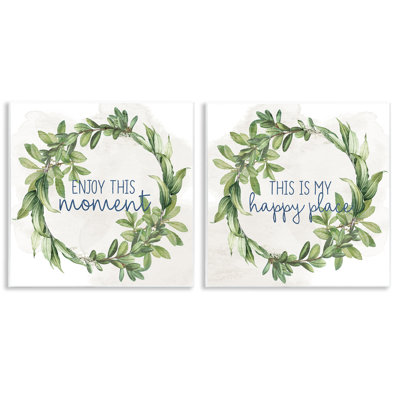 Enjoy Happy Greenery Wreath  2 PC Wall Plaque Art Set by Ann Bailey