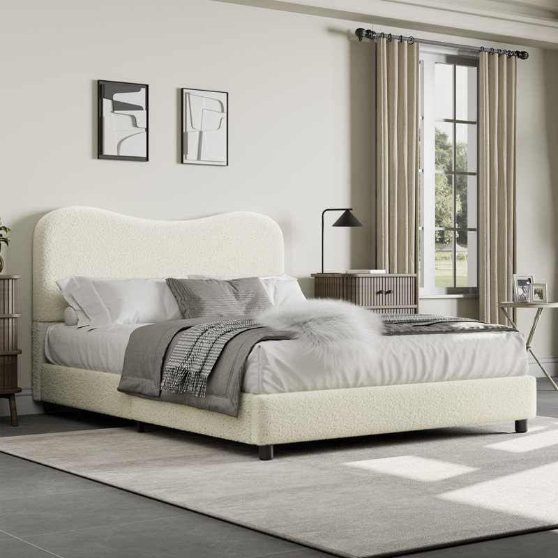 Base de lit grand rembourré beige Boucle - tête de lit nuage, profil bas, lattes de bois robustes, robuste, silencieux, sans sommier, assemblage facile - blanc cassé, grand