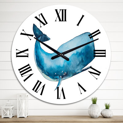 Blue Sperm Whale on White I - Nautical & Coastal Wall Clock