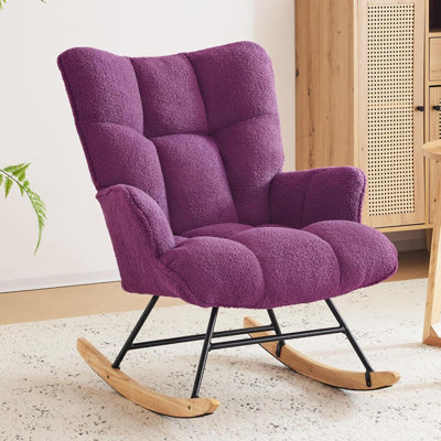 Chaise berçante rembourrée à haut dossier avec pieds en bois massif Teddy