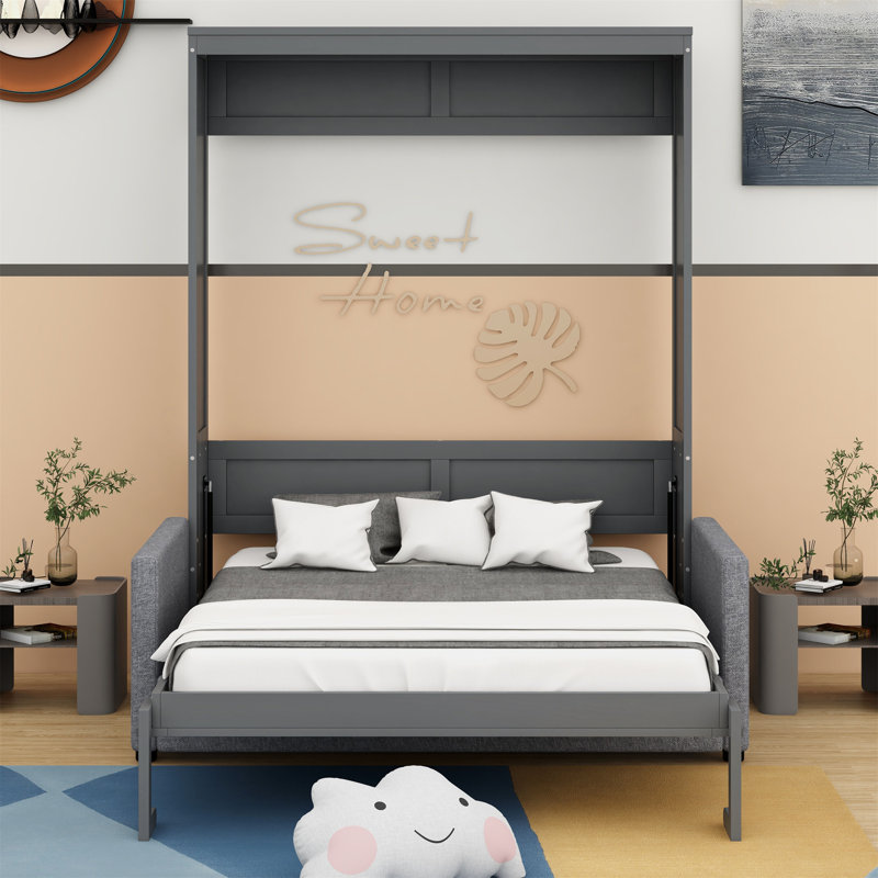 Lit escamotable mural avec coussin Kiora, Gris, Grand
