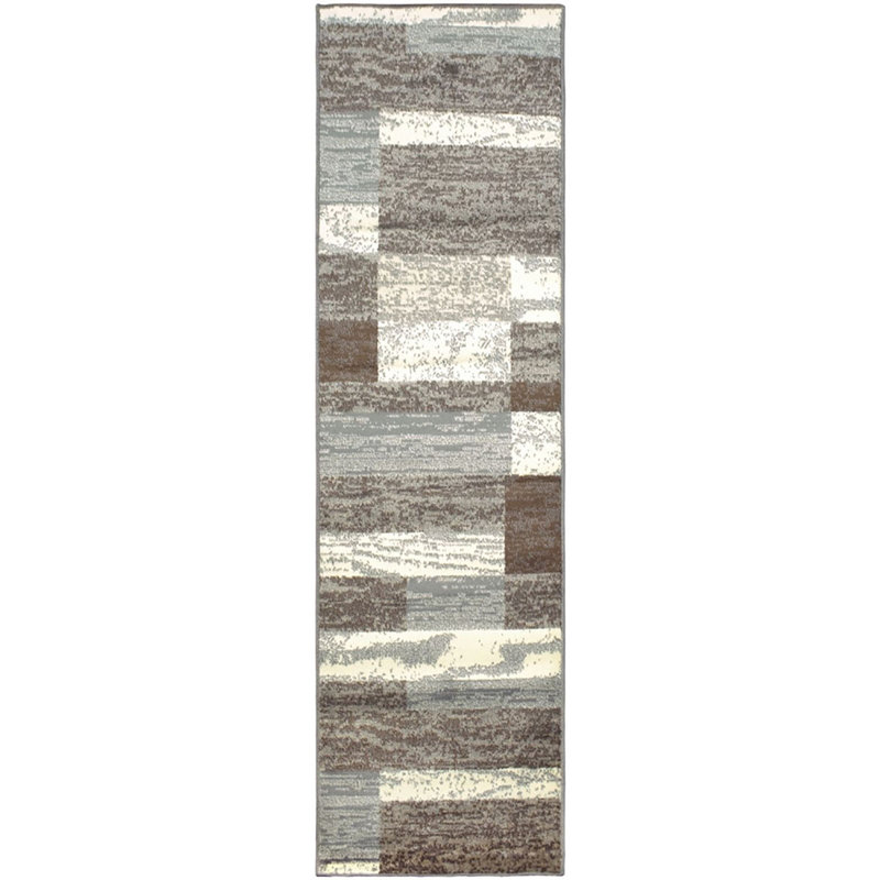 Light Blue And Ivory Patchwork Power Loom Stain Resistant Rug