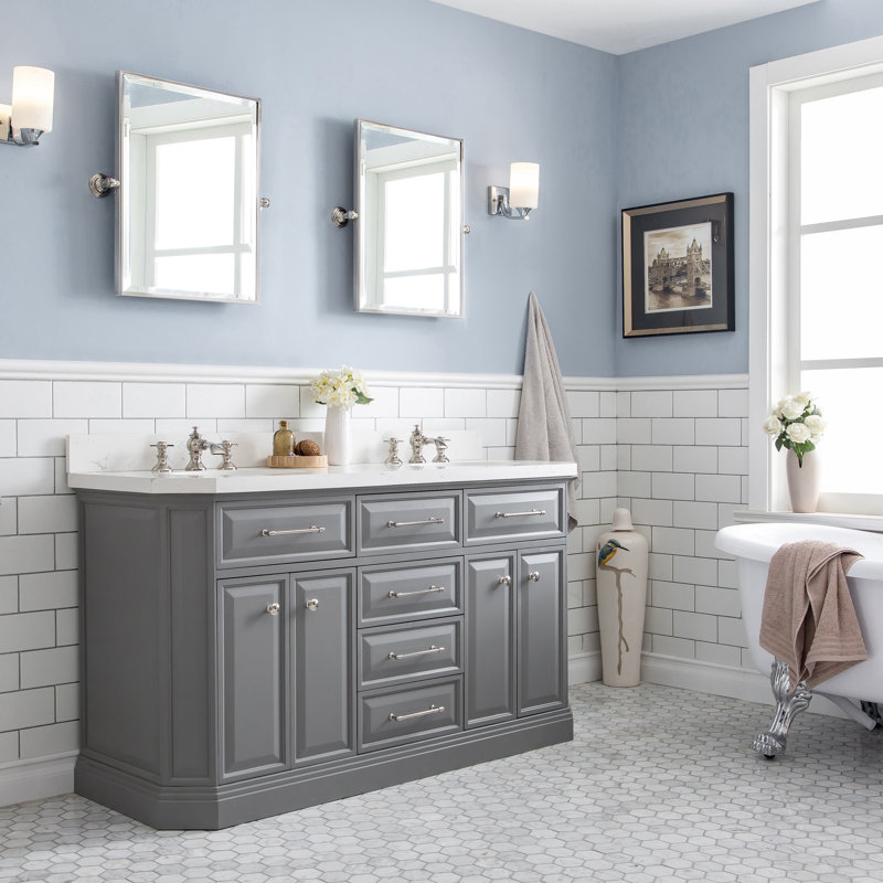 Bruning 60" Carrara Engineered Marble Countertop Bath Vanity with Faucet, Cashmere Gray, Polished Nickel Deck Mount