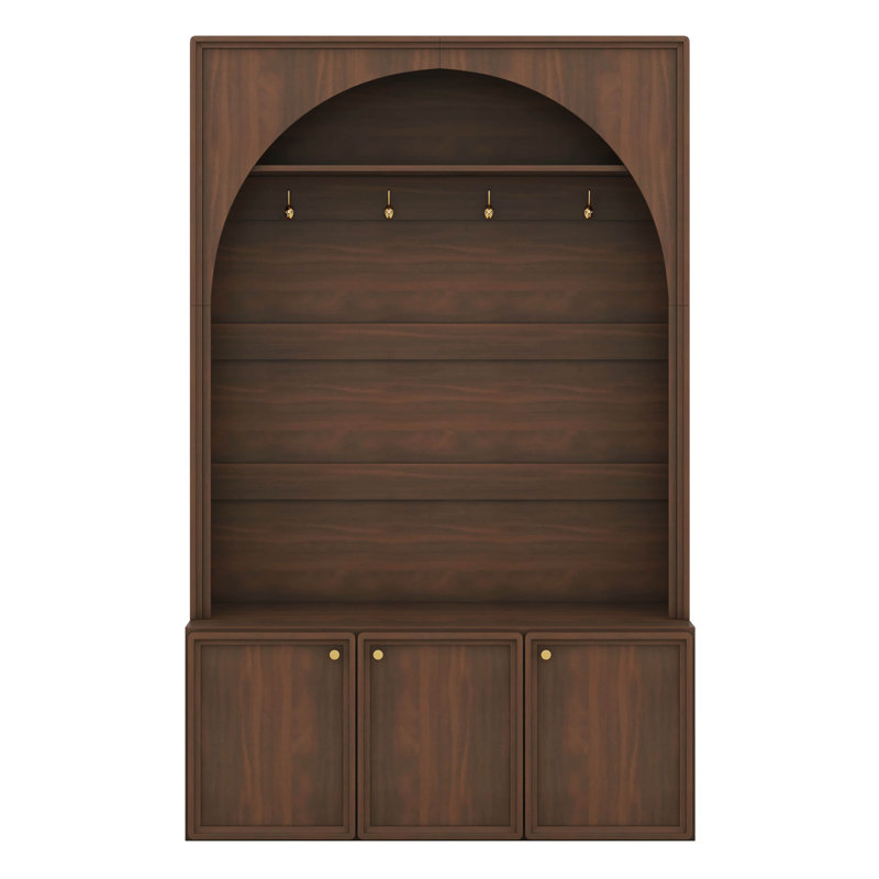 Hall Tree Entryway Organizer, Storage Bench With 3 Cabinets Adjustable Shelves, Retro Arched Coat Rack With 4 Golden Hooks