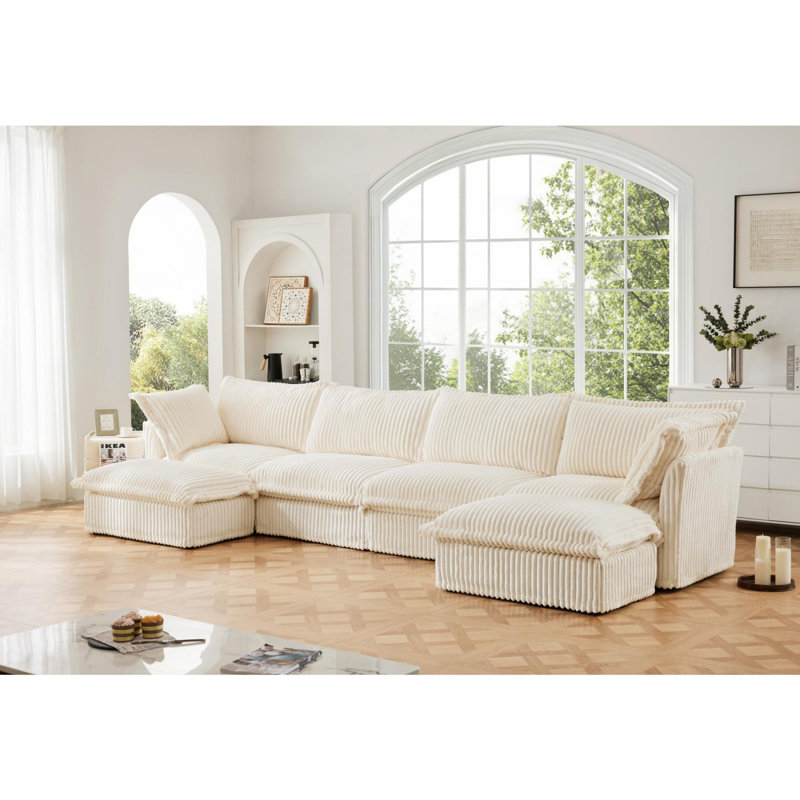 Canapé, repose-pieds en chenille, Crème, 4, H 34,6 po x l 55 po x P 146,4 po
