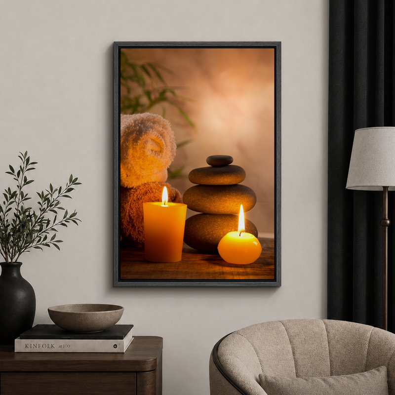 «Zen Stones Massage Spa with Warm Burning Candle», impression verticale sur toile, art mural, H 24 po x l 16 po