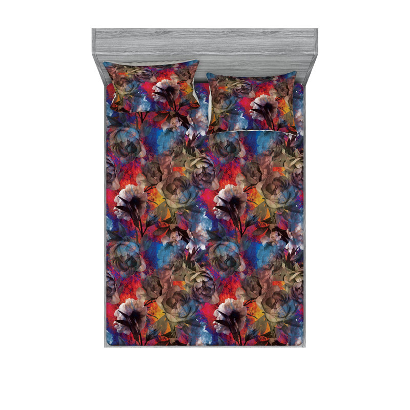 Ambesonne Fitted Sheet & Shams 3 Pcs Spring White Asters Calking Pistachio Green Mustard, Pale Sky Blue Dark Coral Floral