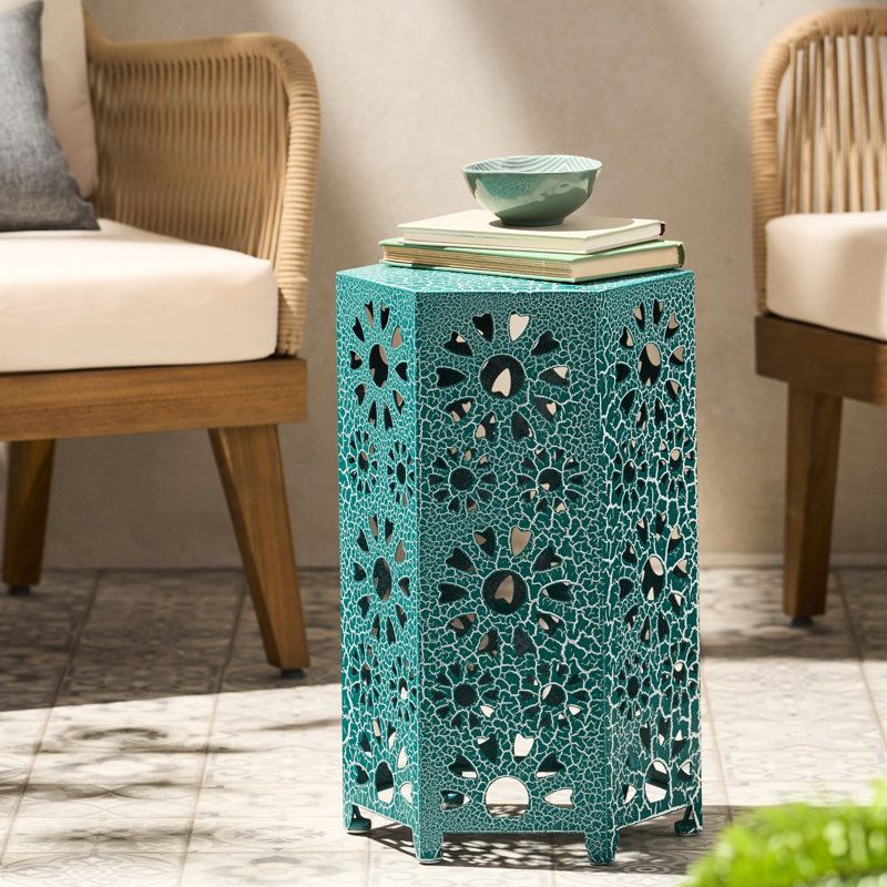 Table d'appoint en fer 12 po - Design moderne sarcelle craquelé léger, idéal pour le patio et pour l'intérieur