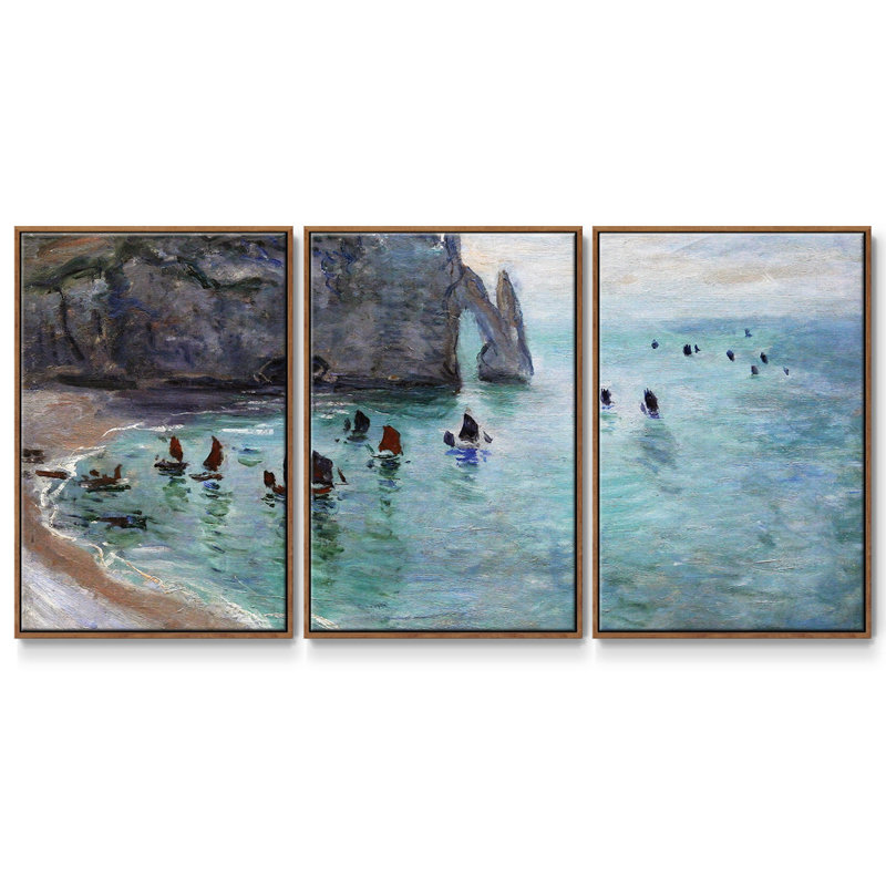 «Etretat, The Aval Door, Fishing Boat Leaves The Harbor», 1885, reproduction d'art encadrée sur toile, Noyer