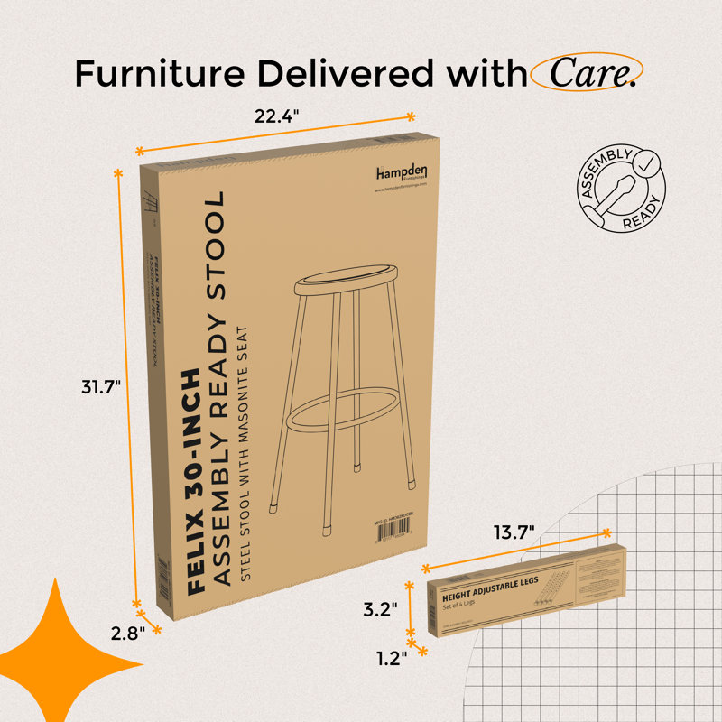 Felix Height Adjustable Steel Stool, Assembly Ready, Black, Extra Tall