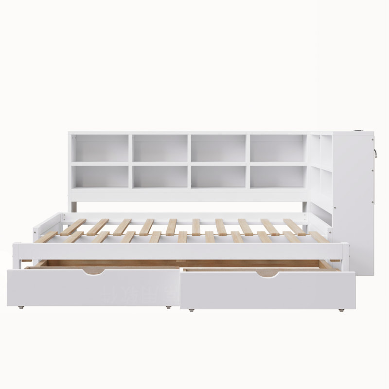 Lit de jour simple à très grand YDT avec deux tiroirs de rangement, armoires de rangement, lumière DEL et ports USB, blanc