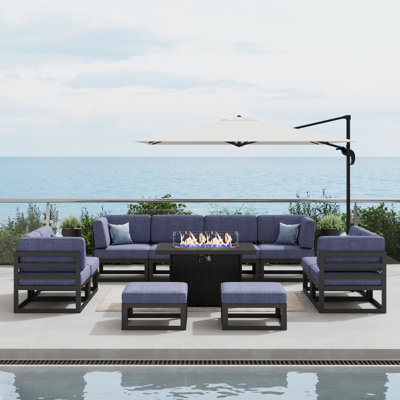 Layinsun 11 Pieces Modern Aluminum Patio Furniture Set With Fire Table, Outdoor Modular Sectional Conversation Set L-shaped Sofa For Backyard