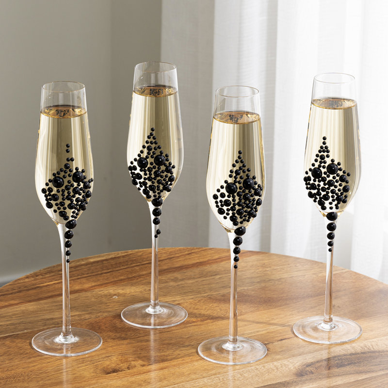 Set of 4 Stemmed Champagne Flutes Glassware with Balck Pearls