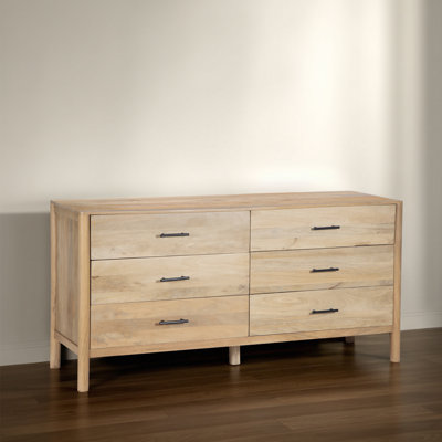 Cady 6 Drawers, 66 Inch Wide Dresser, Handcrafted Natural Oak White Mango Wood, Black Handles by Hokku Designs